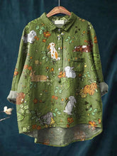 Vintage Lovely Rabbits Art Print Casual Cotton And Linen Shirt